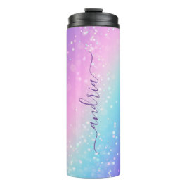 Personalisieren Sie Lila Skriptnamen auf Bokeh Sta Thermosbecher