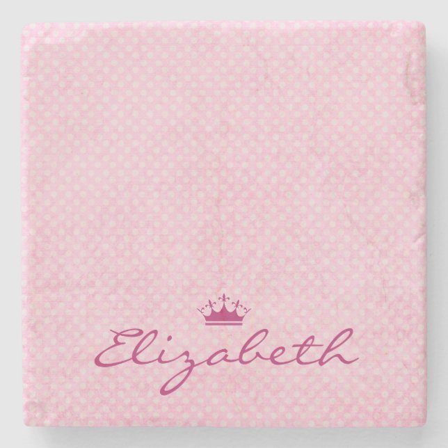 Personalisieren Sie mit Lila Tiara auf rosa Polka  Steinuntersetzer (Vorderseite)