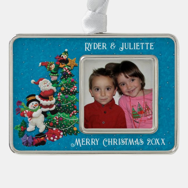 Personalisieren Sie Name, Foto, Nachrichtengeschen Rahmen-Ornament Silber (Vorderseite)