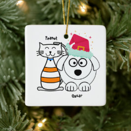 Personalisieren Sie Niedliche Katze & Hund Frohe W Keramikornament