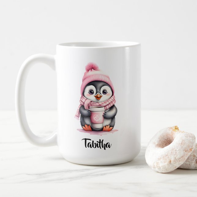 Personalisieren Sie Niedliche Pink Pinguin Weihnac Kaffeetasse (Mit Donut)