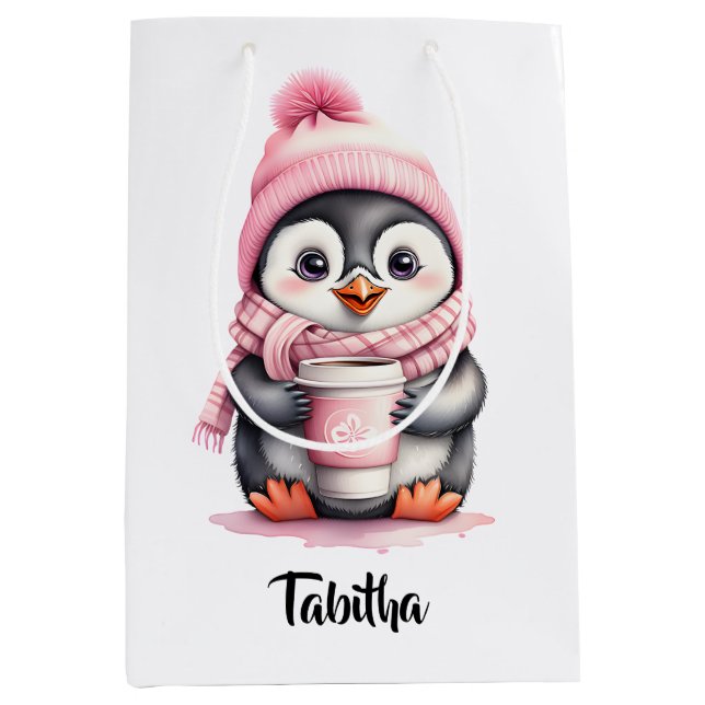 Personalisieren Sie Niedliche Pink Pinguin Weihnac Mittlere Geschenktüte (Vorderseite)