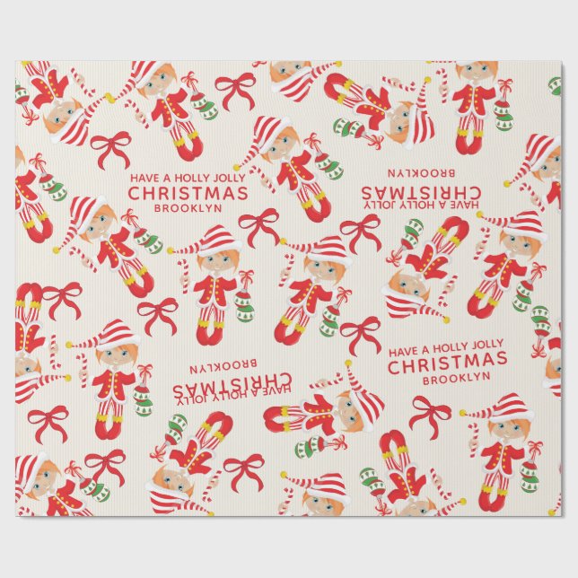 Personalisieren Sie Red Hair Girl Elf Geschenkpapier (Flach)