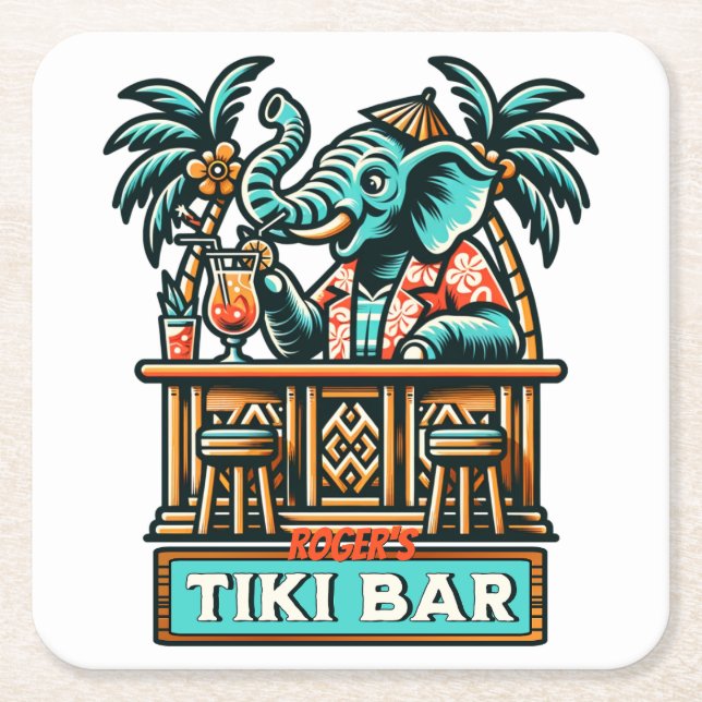 Personalisieren Sie Retro Elephant Tiki Bar Rechteckiger Pappuntersetzer (Vorderseite)