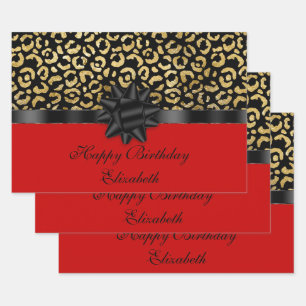 Personalisieren Sie Rot Schwarz Gold Leoparden Dru Geschenkpapier Set
