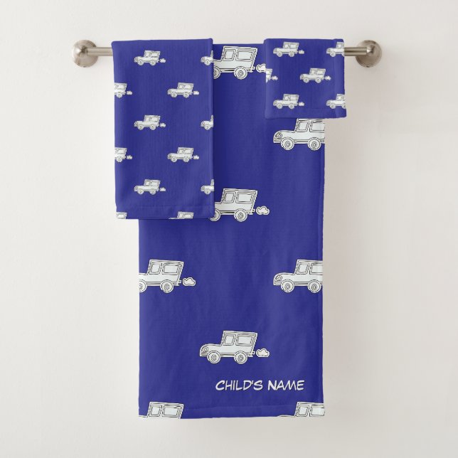 Personalisieren Sie sich mit Kindername Funny Car  Badhandtuch Set (Insitu)