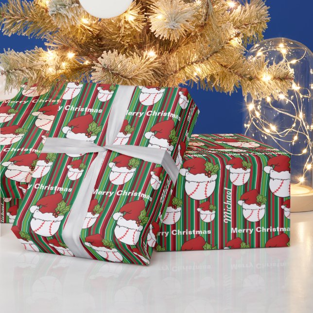 Personalisieren Sie Weihnachtssport Baseball Strei Geschenkpapier (Feiertage)