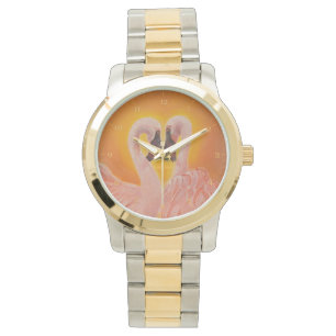 Personalisieren Sie zwei Flamingos Liebe Herzstüc Armbanduhr