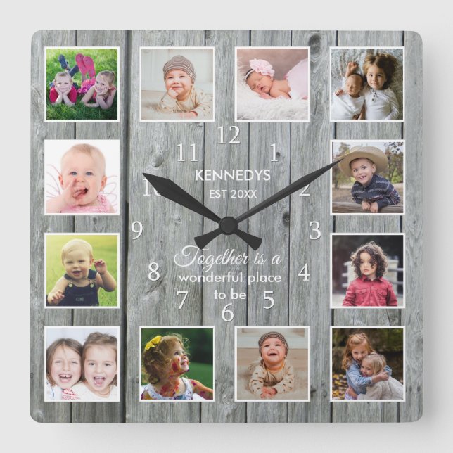 Personalisiert 12 Foto Collage Zitat Grau Holz Quadratische Wanduhr (Vorderseite)
