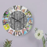 Personalisiert 12 Fotomaterial Grau-Holz-Runde Große Wanduhr<br><div class="desc">Erstellen Sie Ihre eigene einzigartige Wanduhr. Die Fotovorlage ist für Sie bereit, 12 Ihrer Lieblings-Fotos hinzuzufügen. Das Set ist für Sie bereit. Fügen Sie Ihre Bilder von oben im Uhrzeigersinn hinzu und schalten Sie sie um, um das gewollt Aussehen zu erhalten. Dieses Design aus grauem und schwarzem Holz mit weißen...</div>