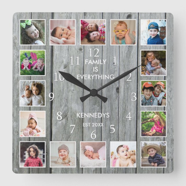 Personalisiert 16 Foto Collage Zitat Grau Holz Quadratische Wanduhr (Vorderseite)