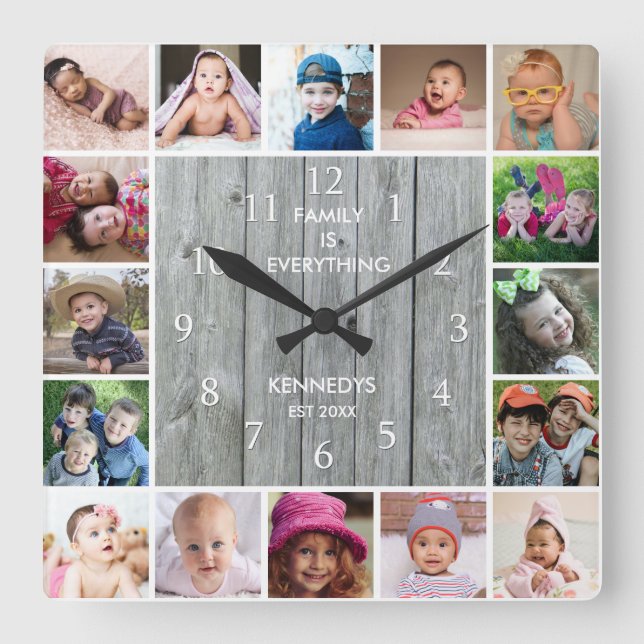 Personalisiert 16 Fotomaterial Rustikales Grauholz Quadratische Wanduhr (Vorderseite)