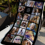 Personalisiert 17 FotoCollage Strandtuch<br><div class="desc">Personalisiertes Geschenkhandtuch mit schwarzem Hintergrund, das in jede Farbe verändert werden kann, 17 Fotos Ihrer Wahl und einer einfachen Textvorlage.</div>