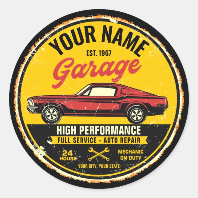 Personalisiert 1967 Fastback Red Classic Car Garag Runder Aufkleber (Vorderseite)