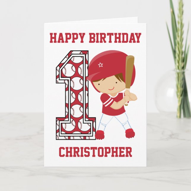 Personalisiert 1. Geburtstag Baseball Batter Red Karte (Vorderseite)