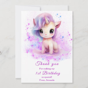 Personalisiert 1. Geburtstag Rosa und Lila Einhorn Dankeskarte