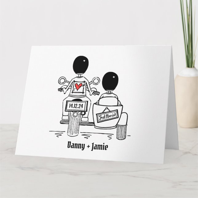 Personalisiert 2 Grooms Motorrad & Sidecar Wedding Karte (Vorderseite)