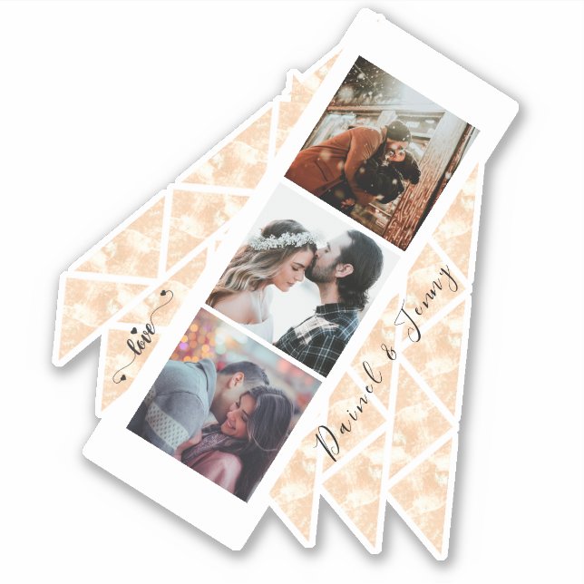 Personalisiert 3 Foto Collage Rose Gold Marmorgesc Aufkleber (Vorderseite)