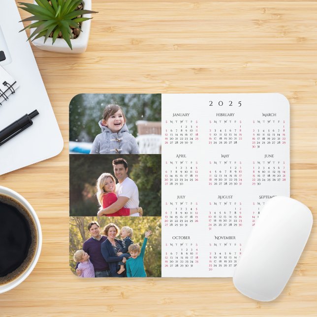 Personalisiert 3 Fotocollage Family 2025 Kalender Mousepad (Personalized 3 Photo Collage Family 2025 Calendar Mouse Pad)