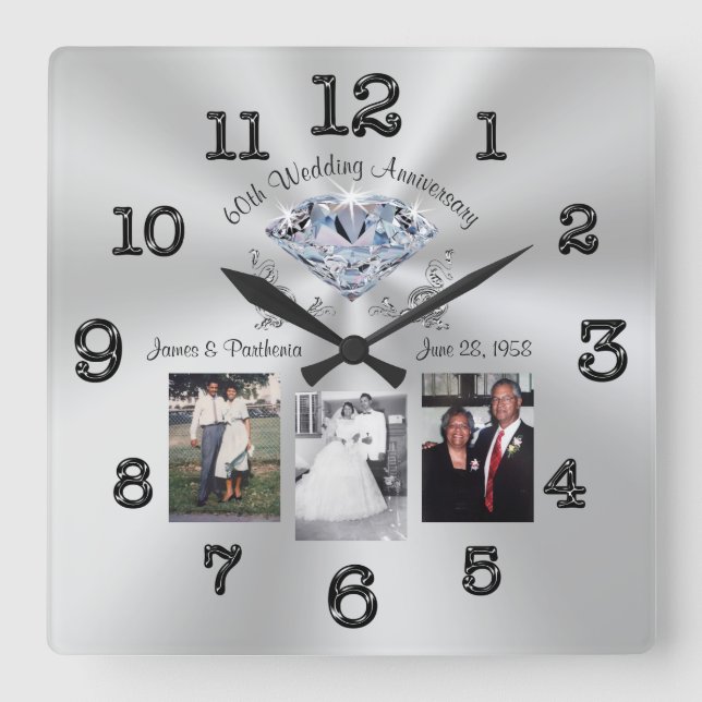 Personalisiert 3 Fotos Uhr 60 Jahre Jubiläum (Vorderseite)
