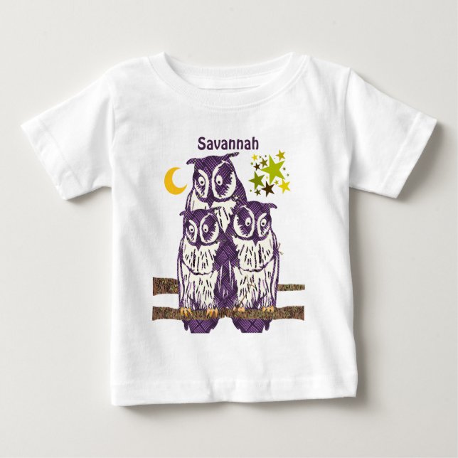 Personalisiert 3 Lila Owls Mond und Sterne Baby T-shirt (Vorderseite)