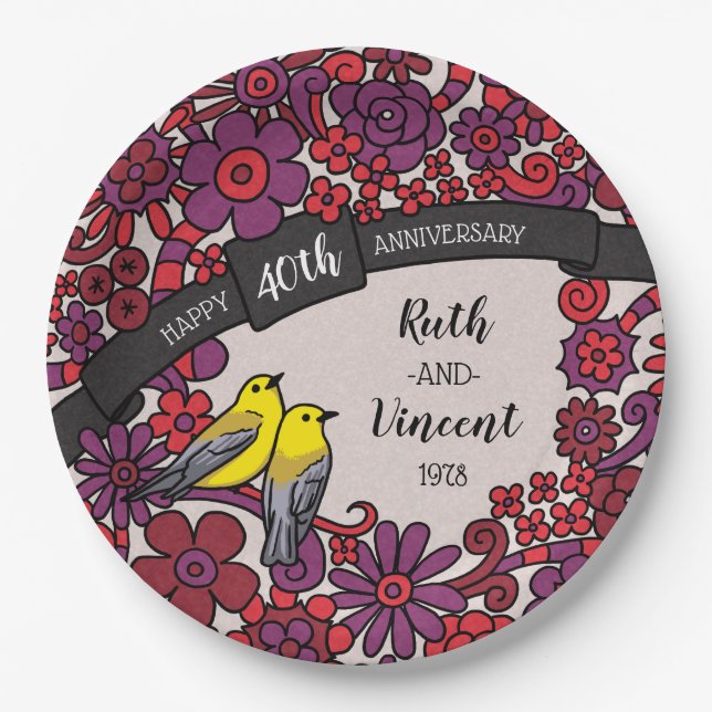 Personalisiert 40 Jahre alt, Ruby Floral Birds Pappteller (Vorderseite)