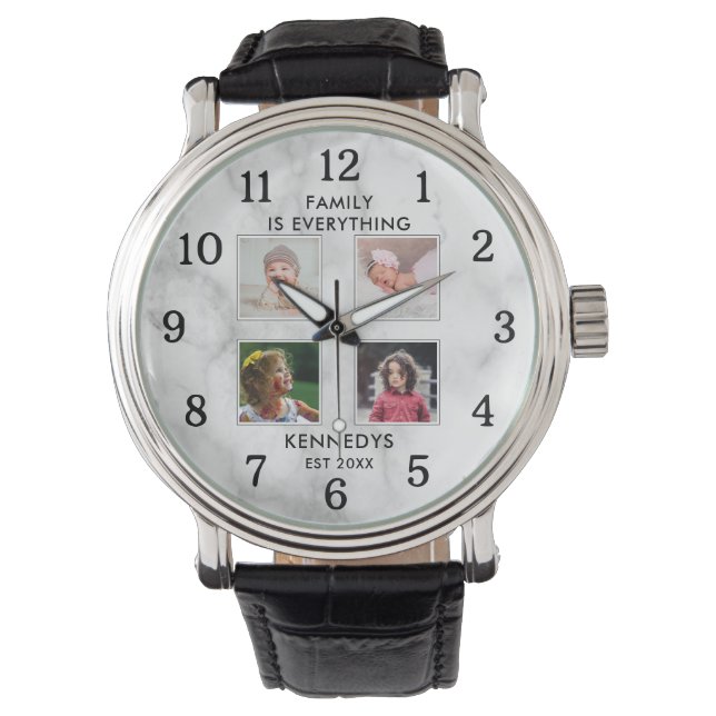 Personalisiert 4 Foto Collage Familienname Marmor Armbanduhr (Vorderseite)
