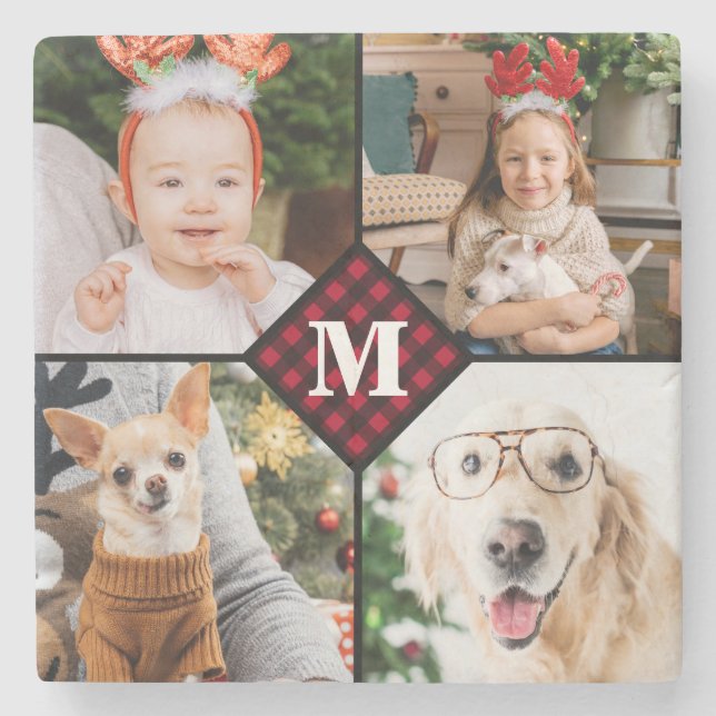 Personalisiert 4 Foto Monogramm Rotes Buffalo Kari Steinuntersetzer (Vorderseite)