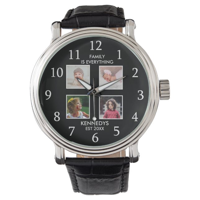 Personalisiert 4 Fotocollage Familienname Schwarz Armbanduhr (Vorderseite)