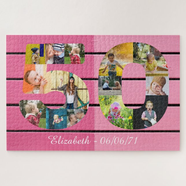 Personalisiert 50. Geburtstag 14 FotoCollage Rosa (Horizontal)