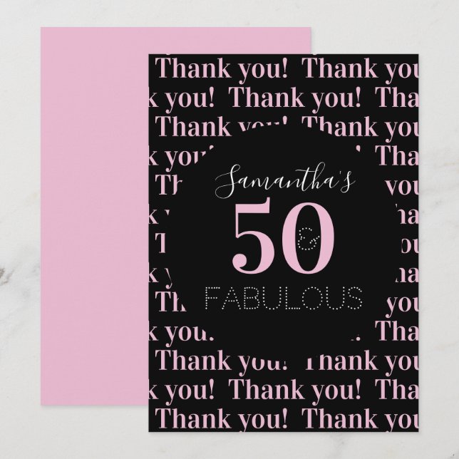 Personalisiert 50 und sagenhaft schwarzes Rosa Dankeskarte (Vorne/Hinten)