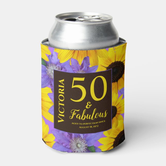 Personalisiert 50 & üppige Sonnenblume & Lila Dosenkühler (Kanne Vorderseite)