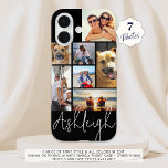 Personalisiert 7 FotoCollage Custom Colors iPhone 16 Hülle<br><div class="desc">Erstellen Sie Ihr eigenes personalisiertes Foto-Handy-Gehäuse, indem Sie diese leicht hochzuladende Collage Vorlage für Fotos mit 7 Bildern in verschiedenen Größen und Formen und Ihrem Namen in Ihrem Schriftart-Stil und allen Farben (mit einem schicken handschriftlichen Signatur-Stil Schriftart in Weiß auf einem schwarzen Hintergrund). TELEFONOPTIONEN: Das Beispiel wird auf einem iPhone...</div>