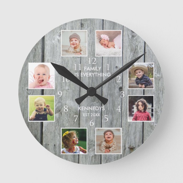 Personalisiert 8 Fotomaterial Rustikales Grauholz Runde Wanduhr (Vorderseite)