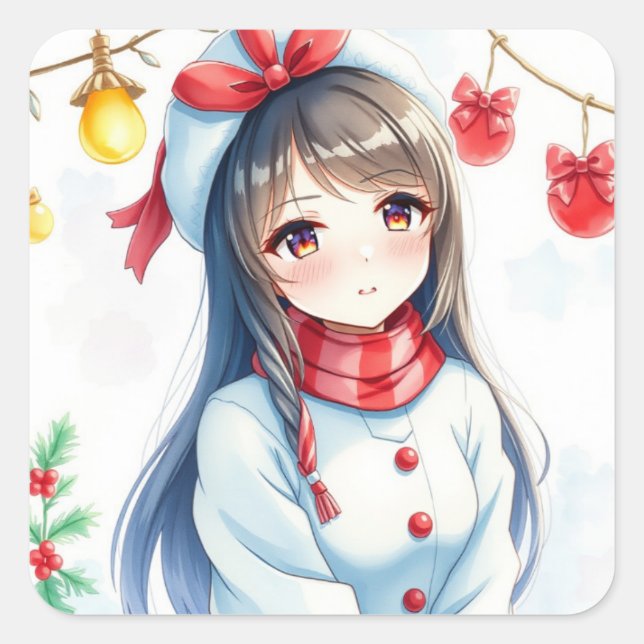 Personalisiert Anime Girl Christmas Quadratischer Aufkleber (Vorderseite)