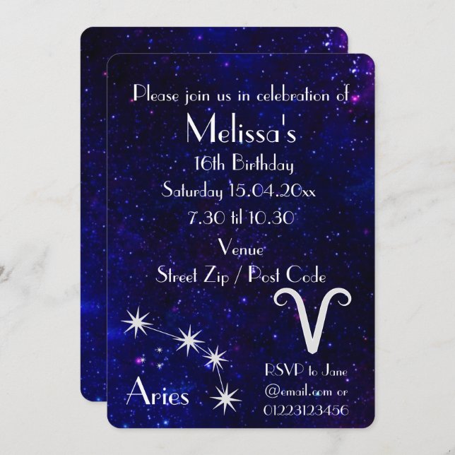 Personalisiert Aries Zodiac Galaxy Party Einladung (Vorne/Hinten)
