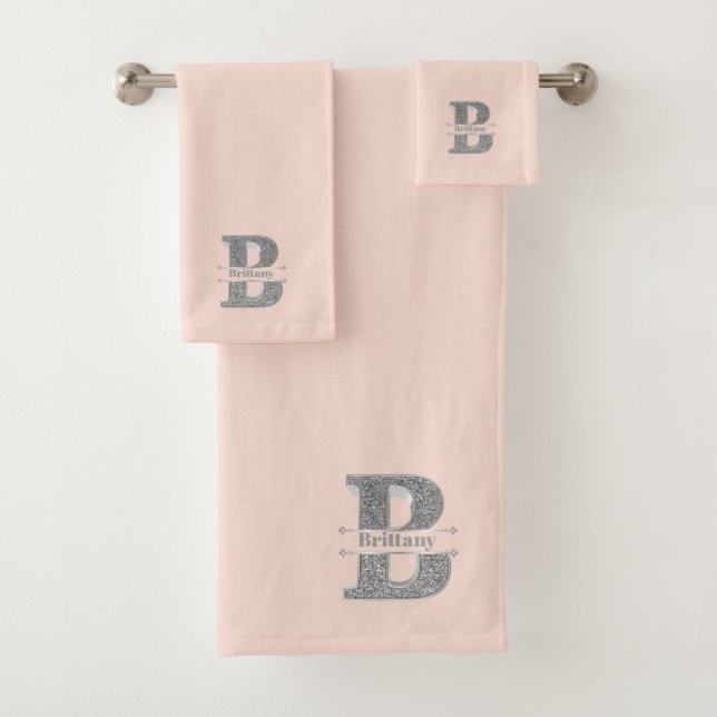 Personalisiert B Erste Silver Monogramm Ihr Name Badhandtuch Set (Insitu)