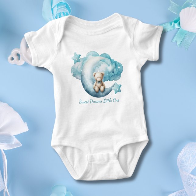 Personalisiert Baby Bear Moon Star Cloud Blue Boy Strampler (Personalized Blue Baby Bear Sitting on Moon with Stars and clouds. Baby shower gift baby boy)