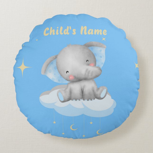 Personalisiert Baby Blue Elephant Round Pillow Rundes Kissen (Vorderseite)