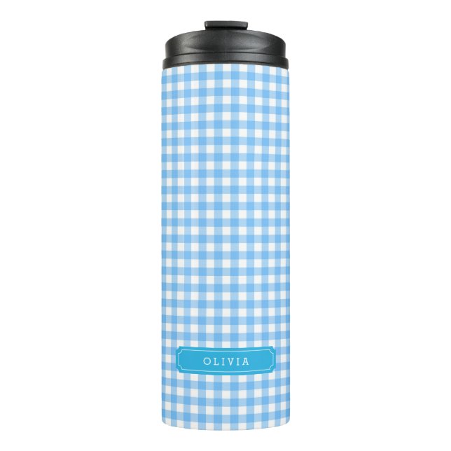 Personalisiert Baby Blue Gingham Monogramm Thermosbecher (Vorderseite)