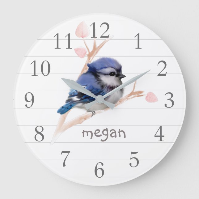 Personalisiert Baby Blue Jay Kinderzimmer Wall Clo Große Wanduhr (Vorderseite)