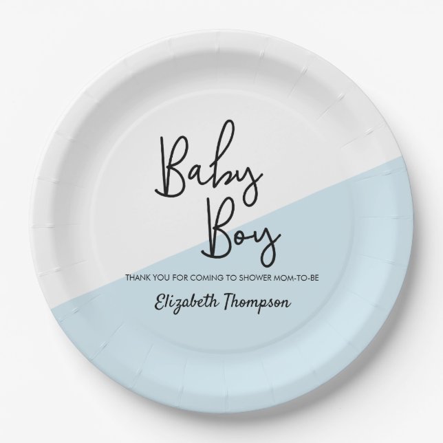 Personalisiert Baby Boy Blue Modern Baby Dusche Pappteller (Vorderseite)