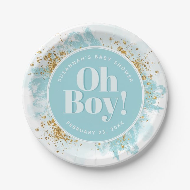 Personalisiert Baby Boy Dusche Aquarell Glitzer Pappteller (Vorderseite)