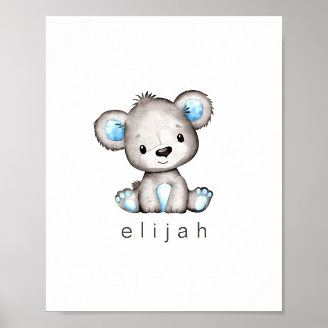 Personalisiert Baby Boy's Teddy Bear Blue Hearts Poster (Vorne)