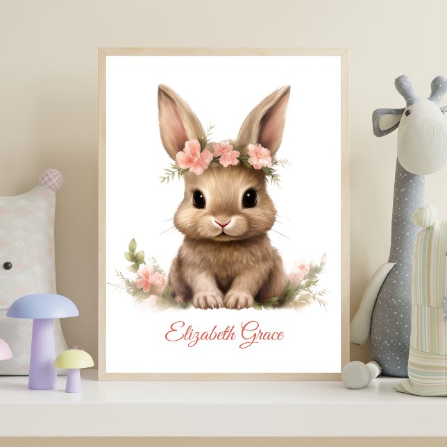 Personalisiert Baby Bunny Pink Blume Kinderzimmer  Poster (Baby Bunny Pink Flowers Personalized Nursery Wall Art poster print)