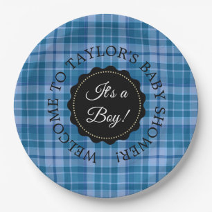 Personalisiert Baby Dusche Blue Kariert Paper Tell Pappteller