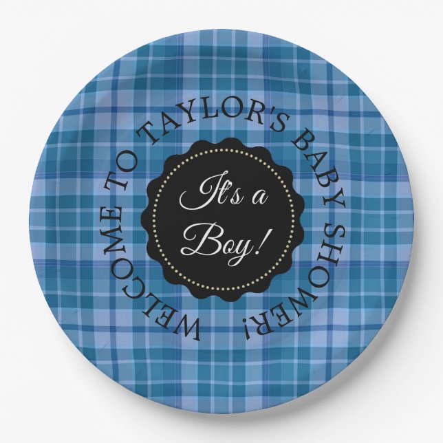 Personalisiert Baby Dusche Blue Kariert Paper Tell Pappteller (Vorderseite)
