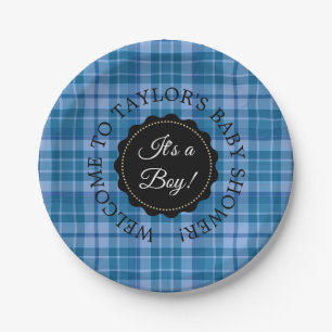 Personalisiert Baby Dusche Blue Kariert Paper Tell Pappteller