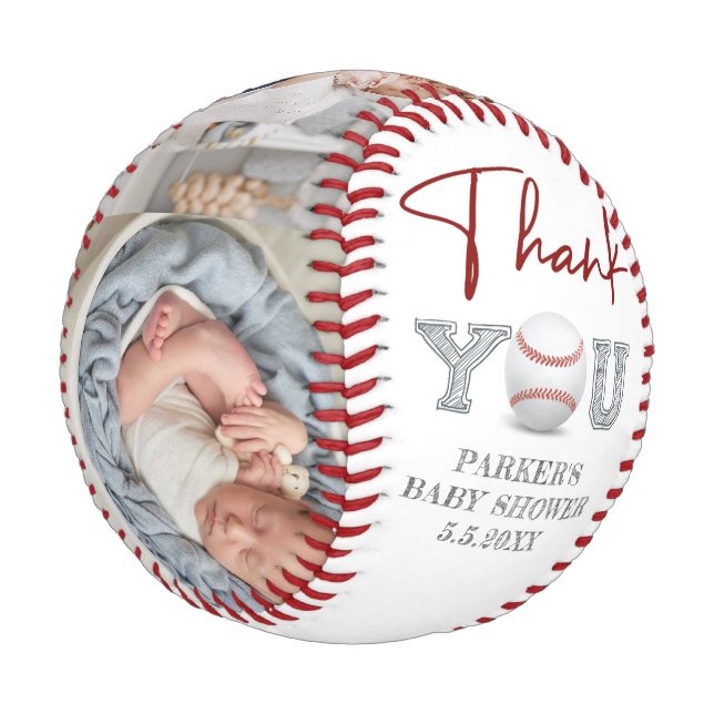 Personalisiert Baby Dusche Foto Vielen Dank für Ih Baseball (Schrägansicht)