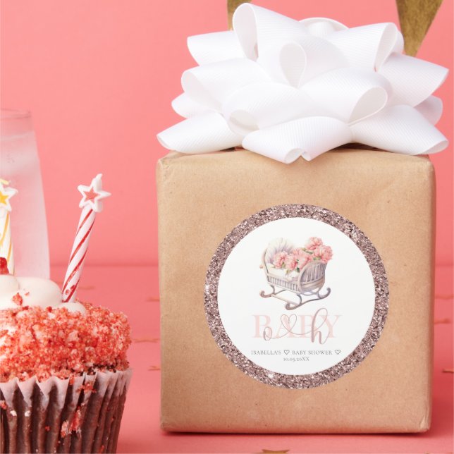 Personalisiert Baby Dusche Glitzer Baby Basket Runder Aufkleber (Party)